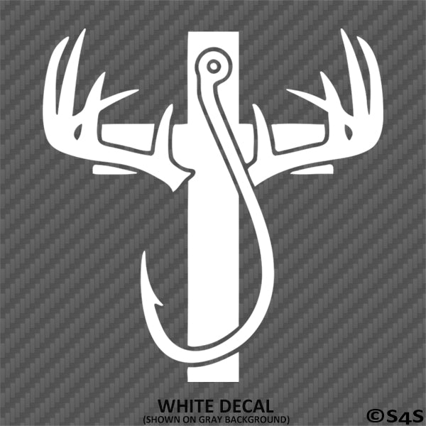 cross with antlers and fish hook Hunting Fishing Religion Cross Vinyl Decal – S4S Designs