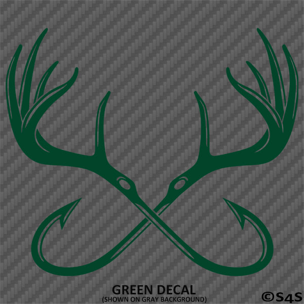 Double Fish Hook And Antlers Hunting/Fishing Vinyl Decal