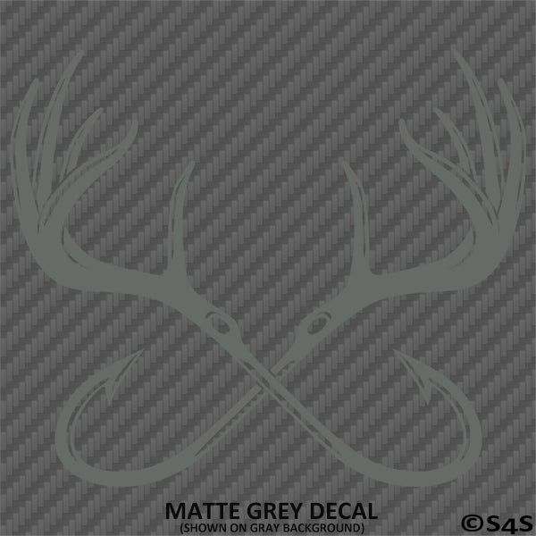 Double Fish Hook And Antlers Hunting/Fishing Vinyl Decal