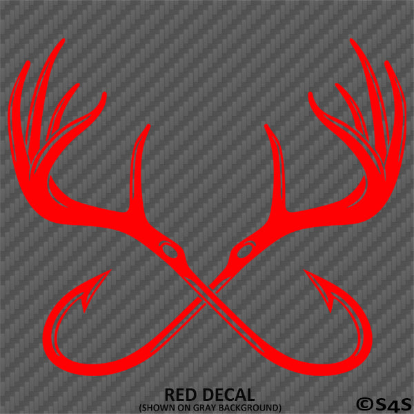Double Fish Hook And Antlers Hunting/Fishing Vinyl Decal