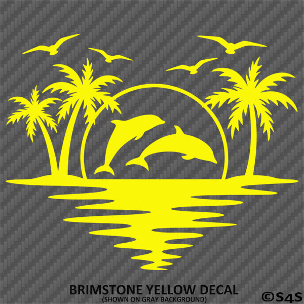 Sunset Tropical Island Beach Scene Dolphins And Seagulls Vinyl Decal