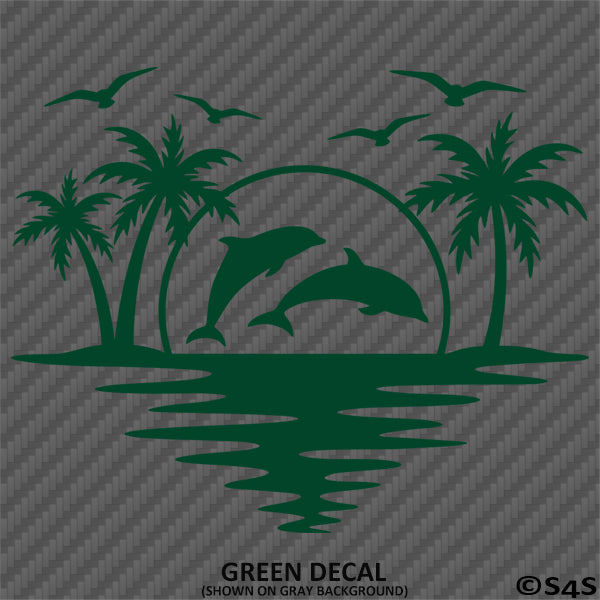 Sunset Tropical Island Beach Scene Dolphins And Seagulls Vinyl Decal