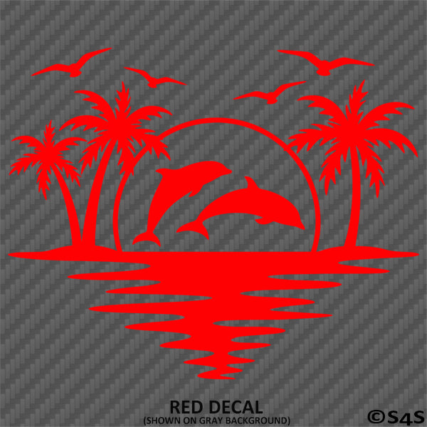 Sunset Tropical Island Beach Scene Dolphins And Seagulls Vinyl Decal