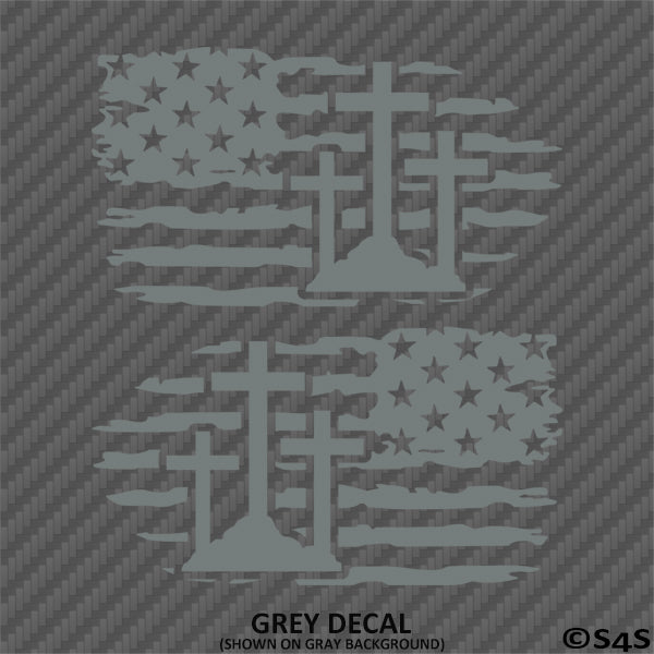 American Flag: Calvary Crosses Distressed Flag Vinyl Decal (PAIR)