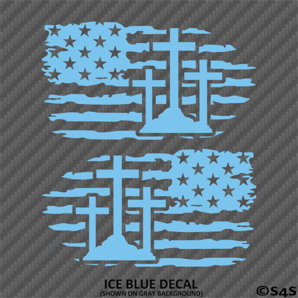 American Flag: Calvary Crosses Distressed Flag Vinyl Decal (PAIR)