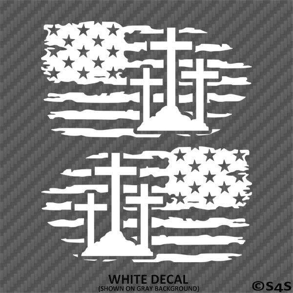 American Flag: Calvary Crosses Distressed Flag Vinyl Decal (PAIR)