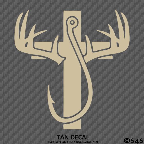 cross with fish hook and antlers Hunting Fishing Religion Cross Vinyl Decal – S4S Designs